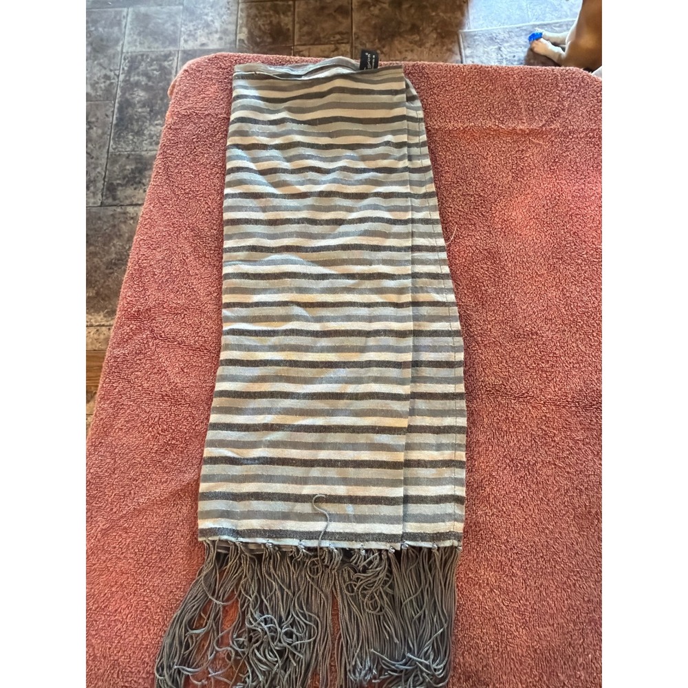 Cejon Accessories Striped Pashmina‎ Wrap Scarf Grey Silver Metallic Gold Fringe